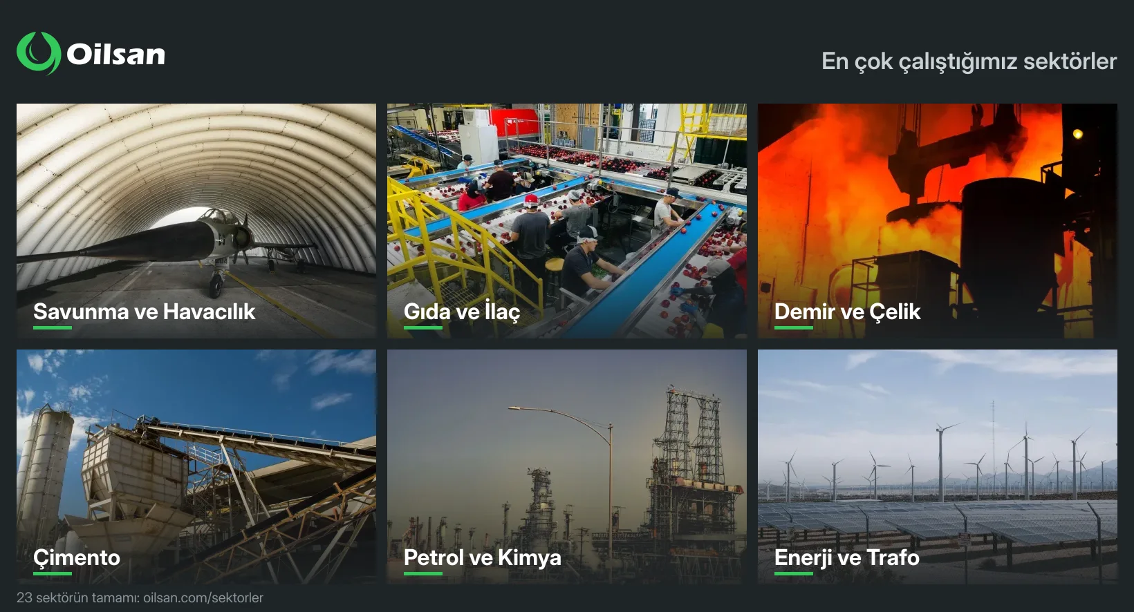 Oilsan’ın en çok çalıştığı sektörler: savunma ve havacılık, gıda ve ilaç, demir ve çelik, çimento, petrol ve kimya, enerji ve trafo