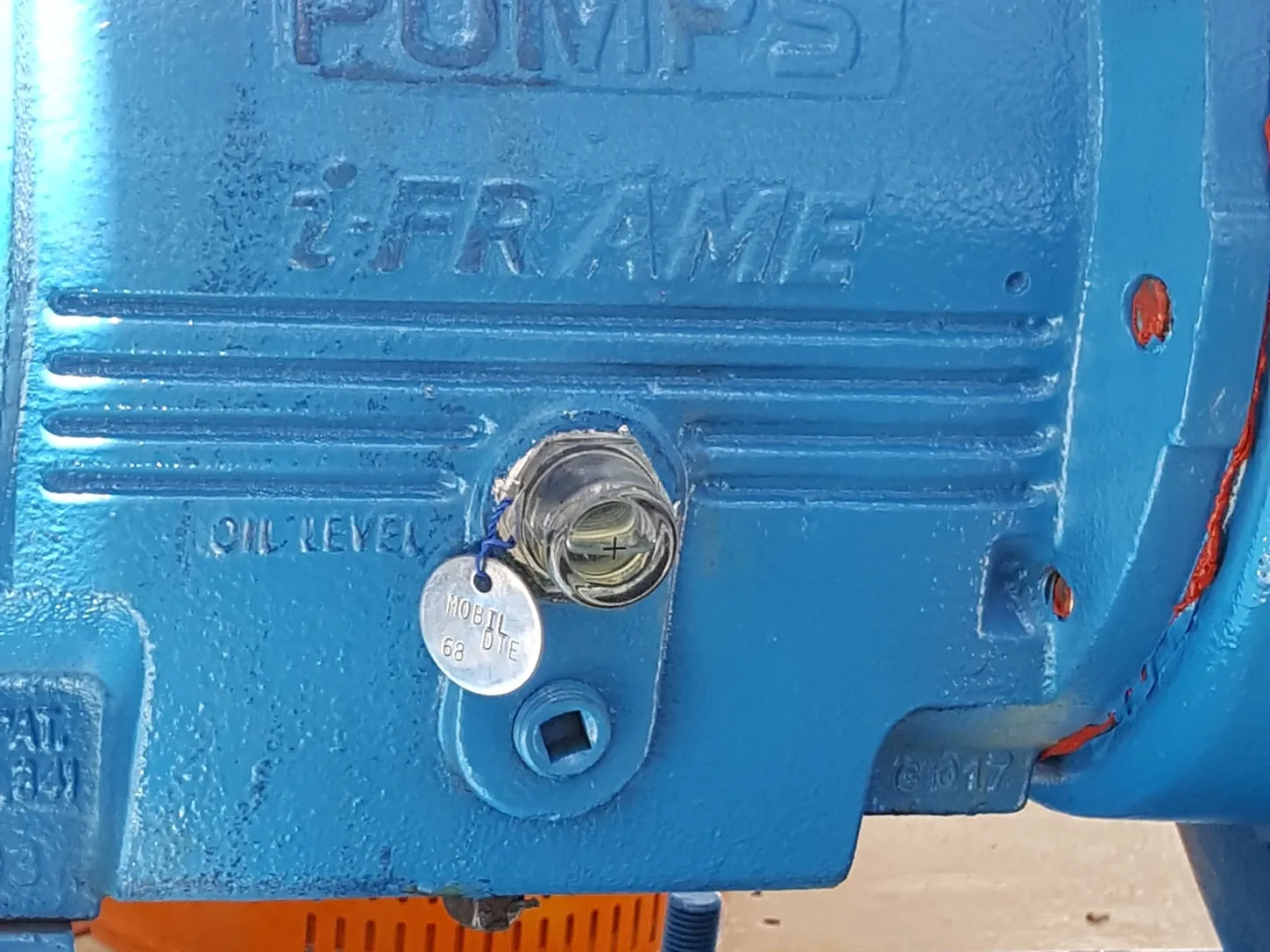 Santrifüj pompa yatak gövdesinde Luneta gözetleme camı ve kullanılan yağı gösteren tanıtım etiketi