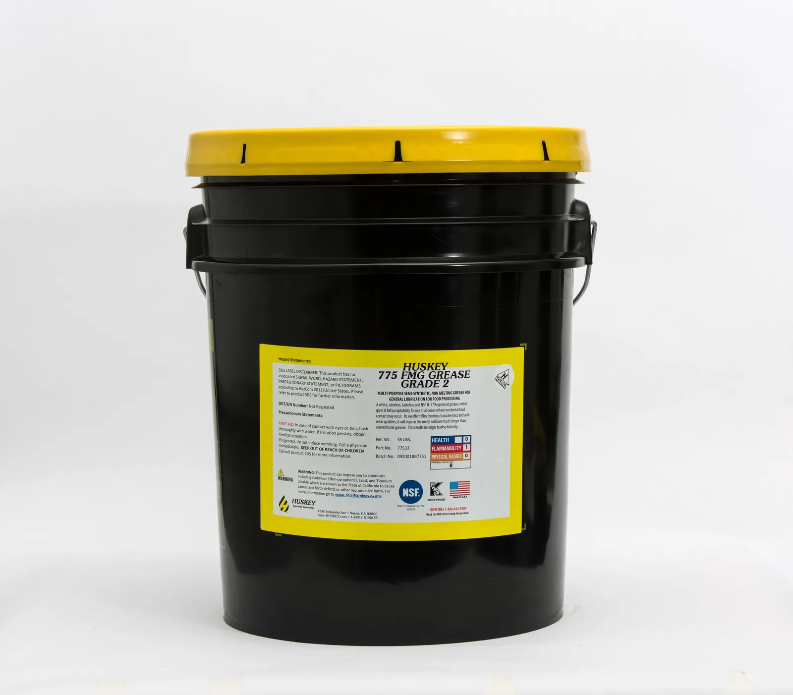 HUSKEY 775 FMG gıda sınıfı gres kovası; etikette NSF H1 tescil numarası 059320, Koşer ve Helal logoları